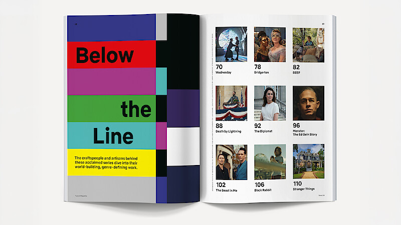 Open magazine showing a colorful “Below the Line” title page on the left and a table of contents with images and episode titles from various TV shows on the right, against a white background.