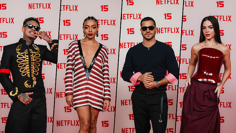 Montagem com atores e atrizes (e o caramelo) da Netflix em festa de 15 anos no Brasil