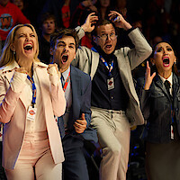 Kate Hudson as Isla Gordon, Drew Carver as Sandy Gordon, Scott MacArthur as Ness Gordon, and Brenda Song as Ali Lee in 'Running Point' Season 1.