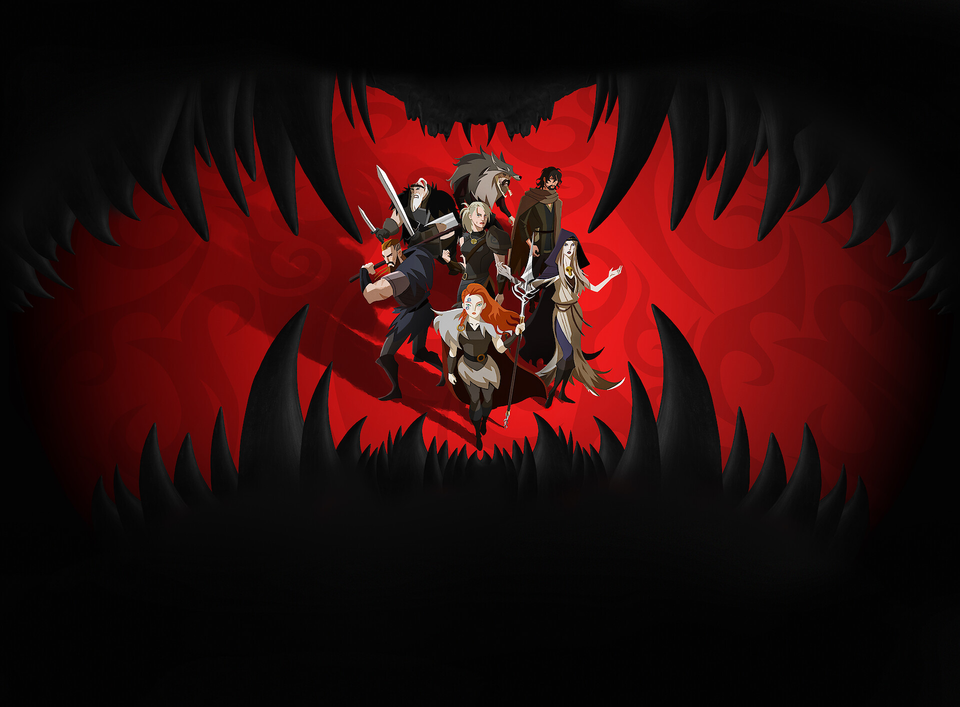 A view from inside a monster's mouth as it looks down on our heroes