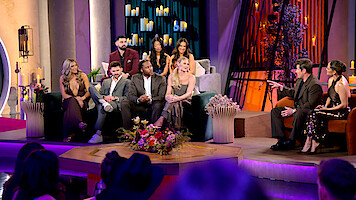 Brianna McNees, Connor Spies, Mike Gibney, Dr Vic St John, Emma Betsinger, Jessica Barrett, Christine Hamilton, Nick Lachey, Vanessa Lachey in formal wear sit on a set with flowers, candles, and colorful lighting.