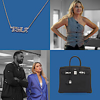 A graphic of Kate Hudson as Isla and some fashion accessories in 'Running Point' Season 1.