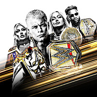 Four wrestlers wearing championship belts pose confidently with intense expressions; gold streaks and a black-and-white background emphasize their prominence and the energy of a wrestling event.