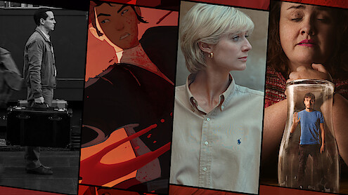 A four-part collage featuring Andrew Scott in Ripley, animated character Mizu from Blue Samurai, Elizabeth Debicki in The Crown, and Jessica Gunning in Baby Reindeer.