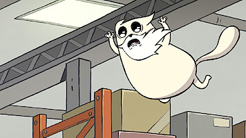 A white bearded cat leaps in a warehouse in Season 1 of 'Exploding Kittens'