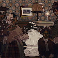 An illustration of the Charles family sitting and standing around a piano.