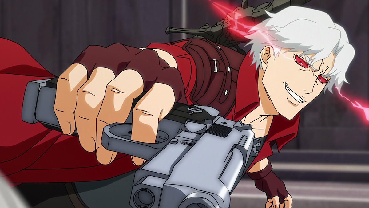 Animated character Dante with red eyes holding a gun in Devil May Cry. 