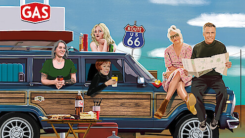 Harper Steele hosts her dream dinner party with bestie Will Ferrell. They sit on the hood of their trusty station wagon looking at a map.