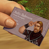 Ibelin Redmoore holds his card. He has long blond hair and wears a black top.