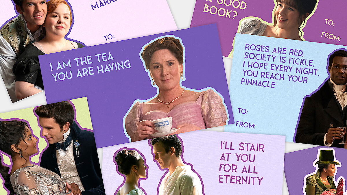 Collage of Bridgerton characters on pastel Valentine cards with romantic and witty messages, set in a Regency-themed, elegant environment, featuring couples, formal attire, tea, and decorative backgrounds.