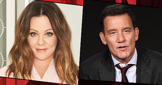 A woman with long brown hair in a light-colored top poses in a bright indoor setting, and a man in a suit and tie with a black background sits beside her. The image is split diagonally between both portraits.