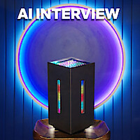 The AI Chatbot known as "Max" on a stool in front of colorful circle backdrop. Next to it is a photo of human Max and his dog.