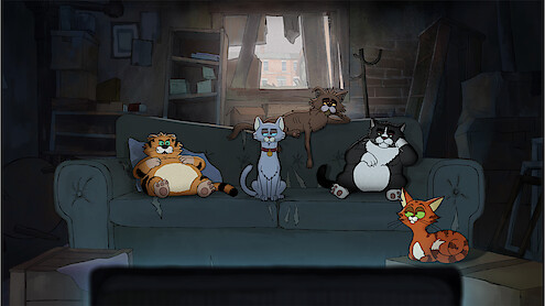 Four animated cats sit and lounge on a worn couch in a messy, dimly lit room with broken windows and clutter, watching something on a screen out of view.