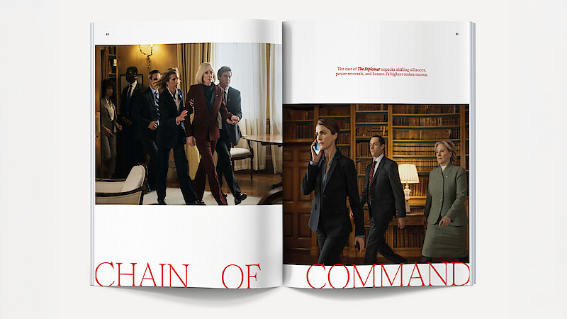 Two photos in an open magazine show people in formal attire walking through elegant office and library settings, suggesting a political or government environment. Text at the bottom reads "CHAIN OF COMMAND."