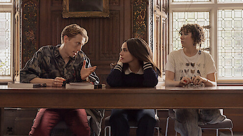 Harry Trevaldwyn as Charlie, Sofia Carson as Anna and Esmé Kingdom as Maggie talk in a classroom in 'My Oxford Year.'