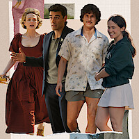 Four people stand together in casual and semi-formal clothing against a collage-style background, appearing expressive in an outdoor or mixed setting.