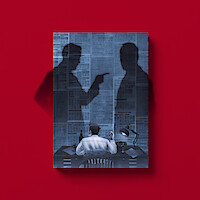 An illustrated faux book cover with a person sits at a desk in a dimly lit room, facing a wall covered in newspaper articles, with two large shadows of people looming behind, one pointing accusingly. The book sits on a red background.