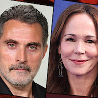 Split-screen close-up portraits of a man with short gray hair and beard on the left, and a woman with long brown hair and earrings on the right, both against neutral and blue backgrounds.