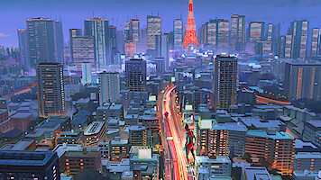 Production design sketch of Ken Sato as Ultraman (Christopher Sean) and Baby Emi in the streets of Tokyo by Ryo Yambe.