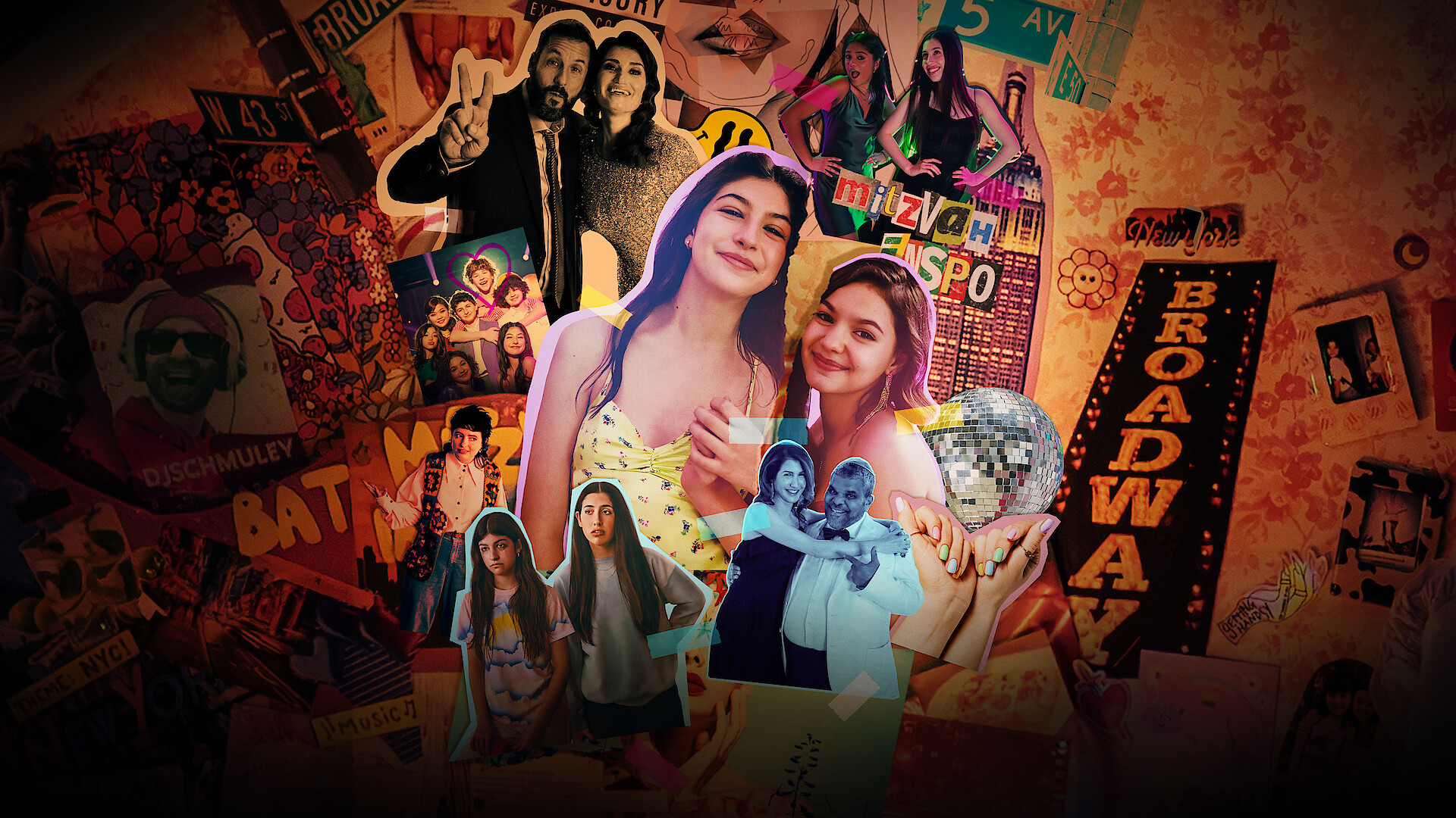 Two smiling teenage girls in colorful dresses stand together surrounded by a collage of photos, memorabilia, and decorations, including a disco ball and Broadway sign, creating a vibrant and celebratory atmosphere.