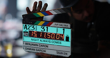 A clapperboard from the set of ‘The Night Always Comes’