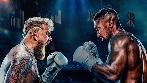 Jake Paul and Anthony Joshua face off shirtless in a dramatic, intense promotional poster with their country flags in the background