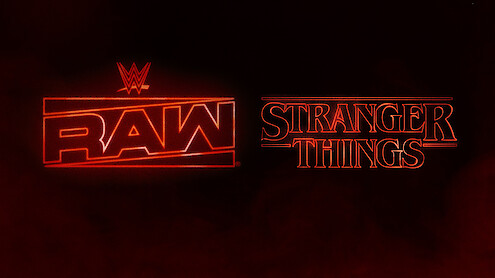 WWE RAW and Stranger Things logos in glowing red neon style, set against a dark, smoky background, blending elements from both brands' signature designs.