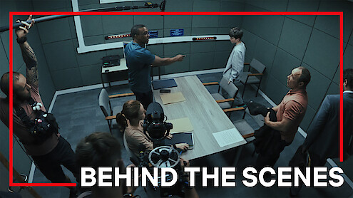 Faye Marsay as Detective Sargeant Frank, Ashley Walters as Detective Inspector Bascombe, Owen Cooper as Jamie Miller, Stephen Graham as Eddie Miller, Mark Stanley as Paulie Hunter, on the set of 'Adolescence'