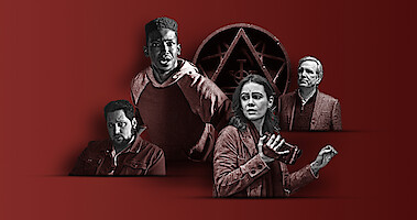 A collage illustration featuring the cast of Archive 81