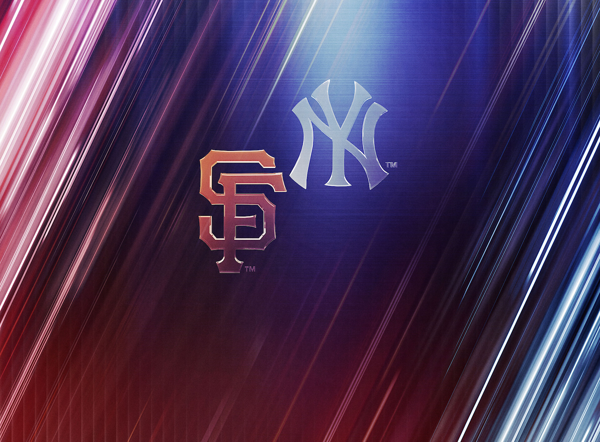 SF Giants and NY Yankees logos on a red and blue background