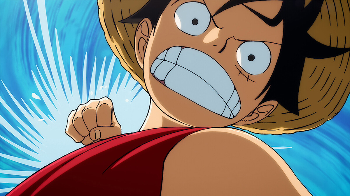 Animated character with a straw hat and red vest, showing an intense facial expression and clenched fist, with a blue swirling background, suggesting action or movement.
