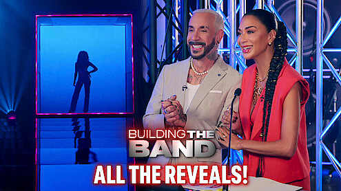 AJ McLean and Nicole Scherzinger smiling on a music competition show with a silhouette display on the left side.