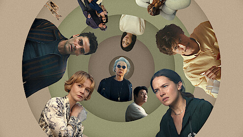 A photo illustration of the people, and animals, that are wrapped up in vortexes of beefs in Season 2 of BEEF featuring Carey Mulligan as Lindsay, Oscar Isaac as Josh, William Fletcher as Troy, Mikaela Hoover as Ava, Seoyeon Jang as Eunice, Chalres Melton as Austin, Cailee Spainey as Ashley, Song Kang-ho as Dr. Kim, and Youn Yuh-jung as Chairwoman Park.