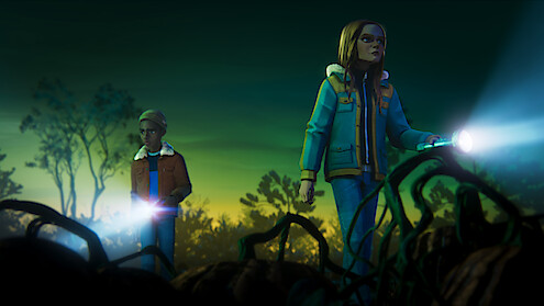 Two animated children explore a dark, eerie forest with flashlights at dusk. Twisted tree roots and foliage surround them, creating a mysterious atmosphere under a green and yellow sky.