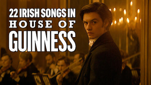 Louis Partridge in front of an orchestra with the title of that reads 22 Irish Songs In House of Guinness