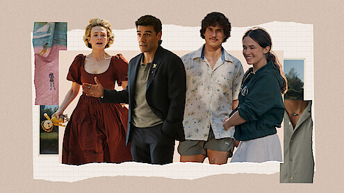 Four people in different outfits stand side by side in a collage with torn paper edges, pastel backgrounds, and close-up photo elements behind them, suggesting a creative or artistic setting.