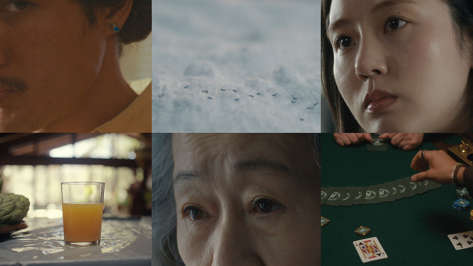 Collage of six scenes: close-ups of a man and woman, ants on a snowy surface, a glass of juice on a table, an elderly woman's eyes, and hands dealing cards at a poker table.