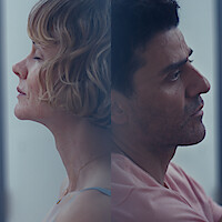 A split image of a woman and a man, both in profile, seated indoors against a soft, neutral background. Both appear thoughtful and distant, each facing away from the other, conveying a sense of emotional disconnect.