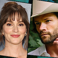 A split image shows a woman smiling in a formal indoor setting with neutral tones and soft lighting, while a man in a cowboy hat appears thoughtful outside with greenery in the background, creating a calm, contemplative mood.