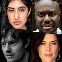 Headshots of Ambika Mod, Babou Ceesay, Sam Riley, and Neve Campbell for 'Black Doves' Season 2