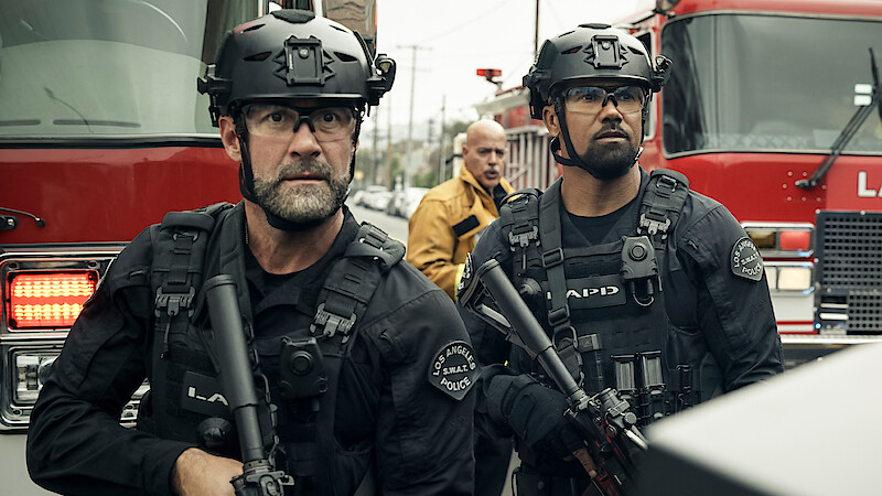 (L-R): Jay Harrington as David “Deacon” Kay and Shemar Moore as Daniel “Hondo” Harrelson  S.W.A.T. - Season 4 - Episode 407 -"Under Fire"