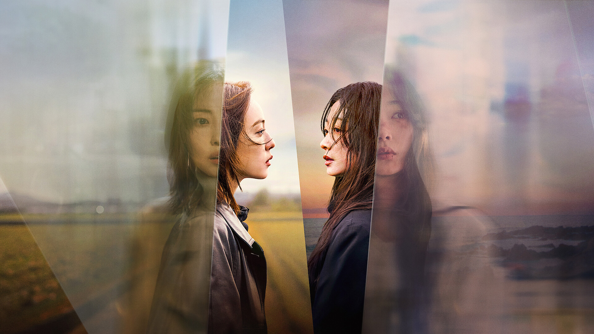 Two women stand face to face in the center, separated by translucent panels reflecting their images and parts of an outdoor landscape, creating a layered, dreamlike effect.