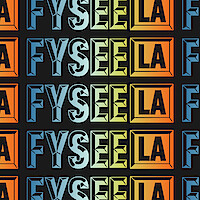 The words FYSEE LA repeating in a rainbow gradient.