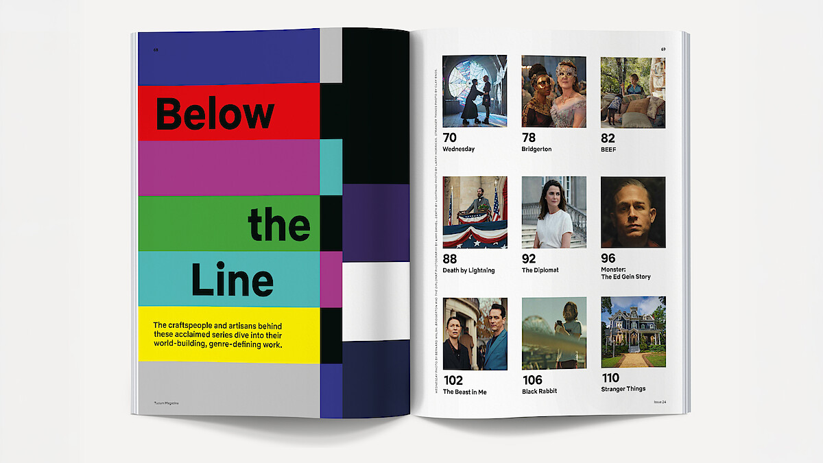 Open magazine showing a colorful “Below the Line” title page on the left and a table of contents with images and episode titles from various TV shows on the right, against a white background.