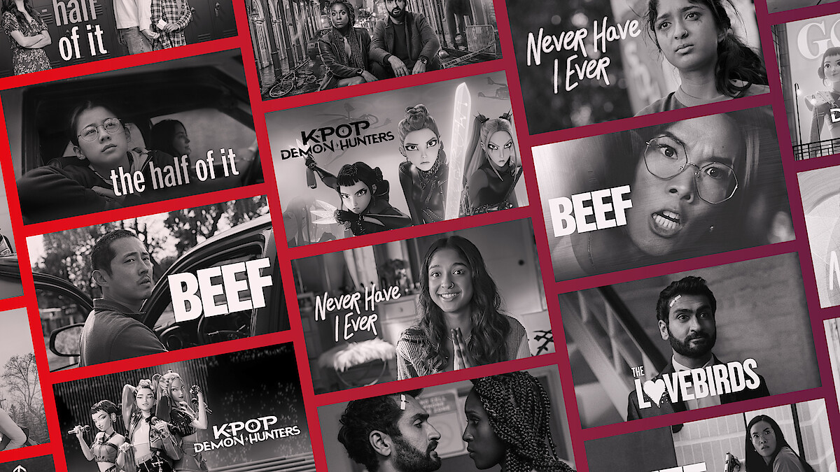 A collage of movie and TV show posters featuring diverse actors, with titles like "Beef," "Never Have I Ever," "K-Pop Demon Hunters," "The Half of It," and "The Lovebirds" in various modern settings.