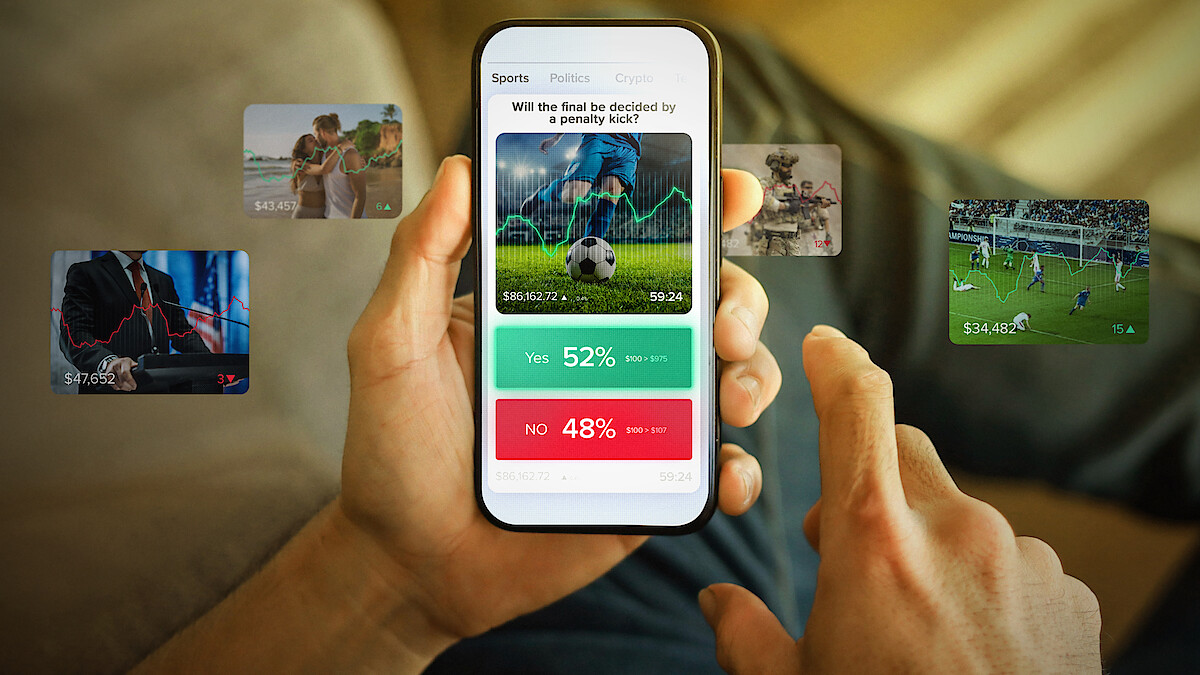 Photo: Netflix Person holding a smartphone displaying a sports betting app with options and statistics, surrounded by floating images of