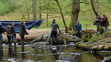 Film crew and technicians work around a dinosaur prop in a forest stream, with cameras and equipment set up for a production scene. The environment is natural, with trees and water, and people wear outdoor clothing.