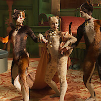 Instream still from 'Cats,' featuring three animated cat characters in a decadent living room.