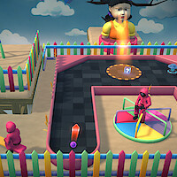 Colorful game scene with pastel fences, a giant doll, masked guards in pink jumpsuits, a spinning wheel, and a game board with a glowing marker, set in a whimsical, sky-themed environment with clouds in the background.