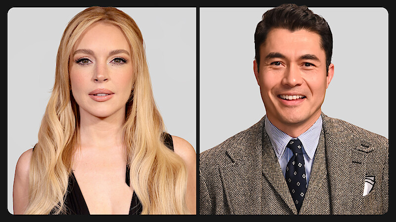 A split image showing a woman with long blonde hair in a black outfit on the left, and a man with dark hair in a brown suit and polka dot tie on the right, both against plain light backgrounds.